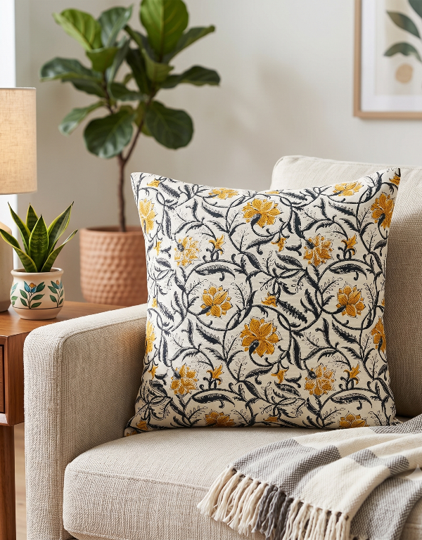 The Marigold Vine Hand-Printed Cotton Cushion Cover