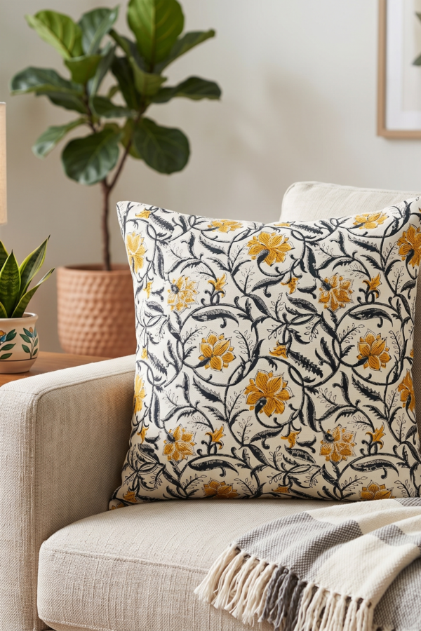 The Marigold Vine Hand-Printed Cotton Cushion Cover